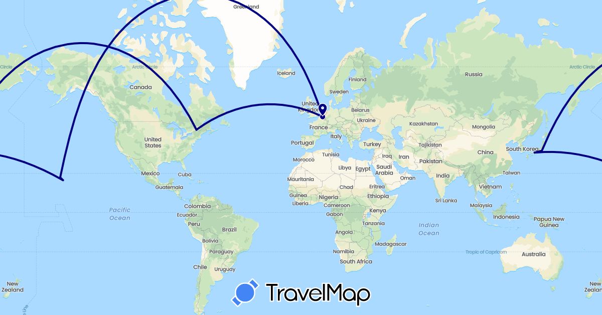 TravelMap itinerary: driving in Belgium, Canada, Japan, United States (Asia, Europe, North America)